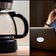 Left: a drip coffee maker; Right: A man in a white mask hacking into a laptop